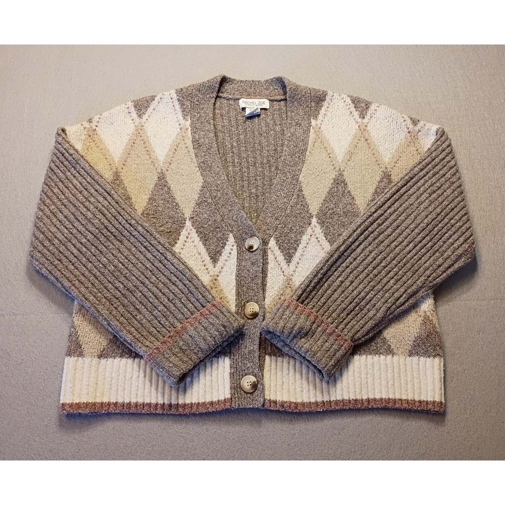 Rachel‎ Zoe Beige Argyle Print V-Neck Ribbed Button Cardigan Womens Medium Short